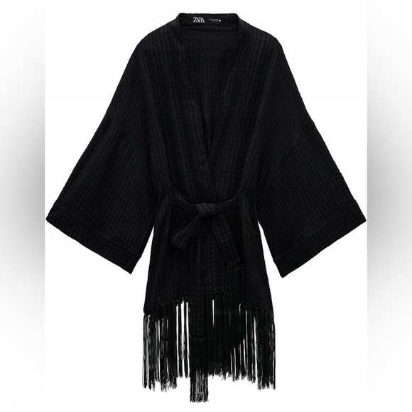 Zara Black Kimono Swim Coverup Fringe 100% Viscose - Womens Size M - Picture 1 of 6